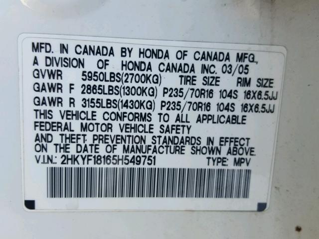 2HKYF18165H549751 - 2005 HONDA PILOT LX WHITE photo 10