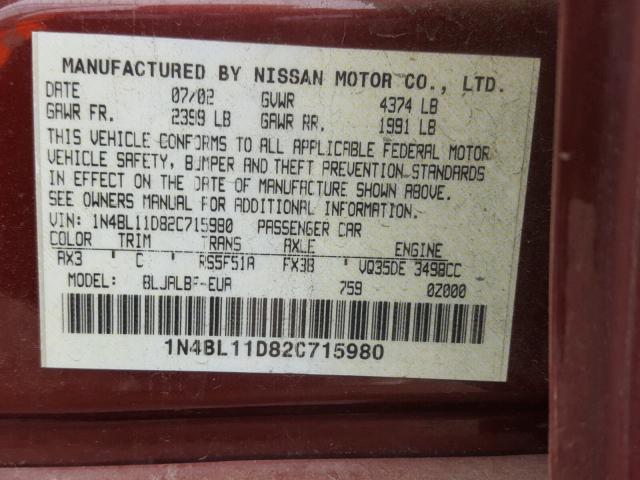 1N4BL11D82C715980 - 2002 NISSAN ALTIMA SE RED photo 10