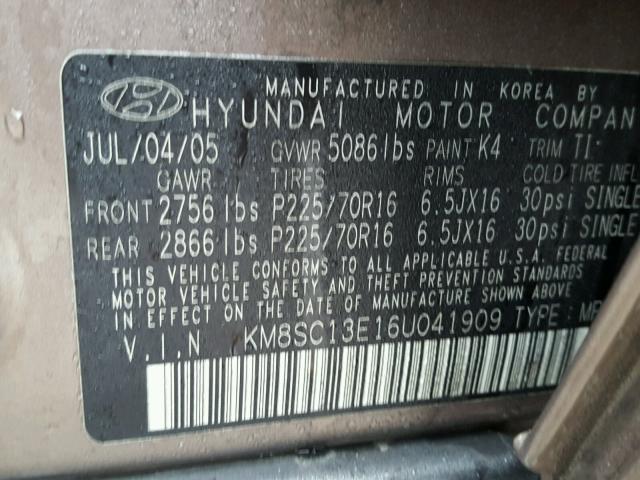 KM8SC13E16U041909 - 2006 HYUNDAI SANTA FE G BEIGE photo 10