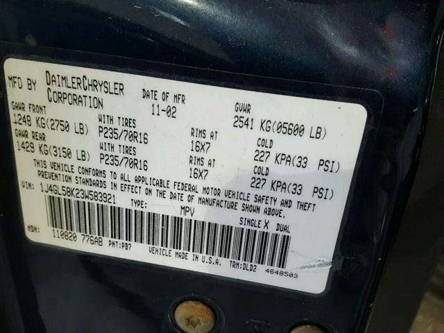 1J4GL58K23W583921 - 2003 JEEP LIBERTY LI BLUE photo 10