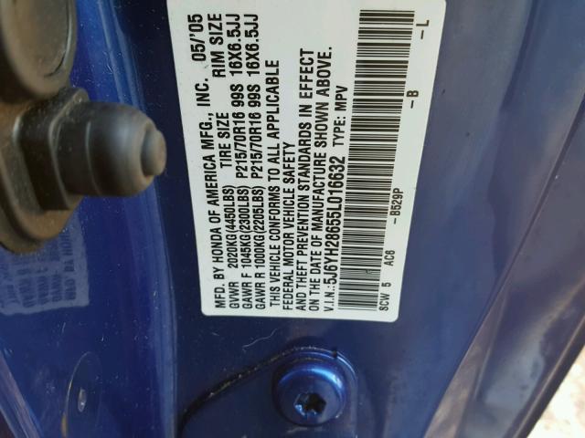 5J6YH28655L016632 - 2005 HONDA ELEMENT EX BLUE photo 10