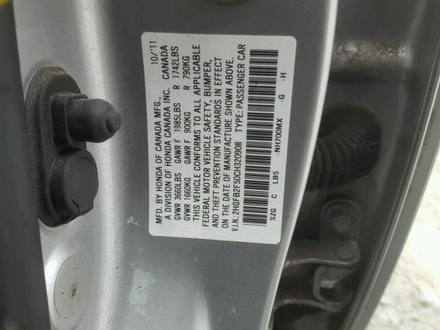 2HGFB2F50CH320908 - 2012 HONDA CIVIC LX SILVER photo 10