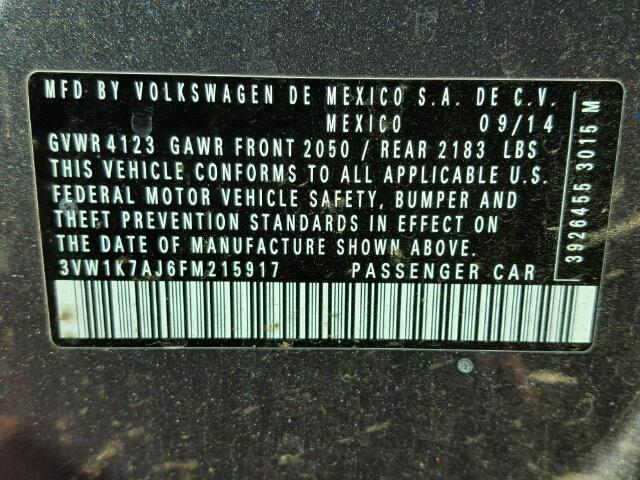3VW1K7AJ6FM215917 - 2015 VOLKSWAGEN JETTA BASE ნაცრისფერი ფოტო 10