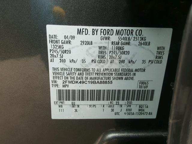 2FMDK49C19BA88855 - 2009 FORD EDGE LIMIT GRAY photo 10