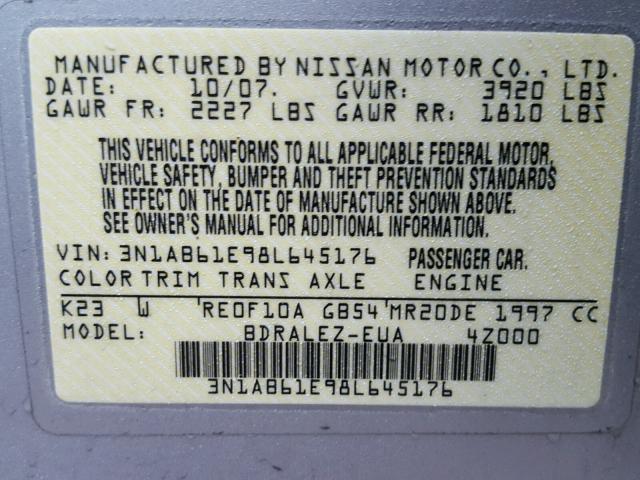 3N1AB61E98L645176 - 2008 NISSAN SENTRA 2.0 SILVER photo 10