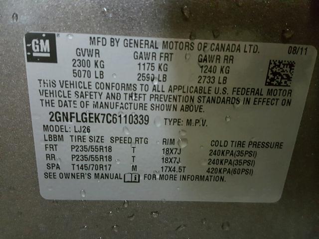 2GNFLGEK7C6110339 - 2012 CHEVROLET EQUINOX LT GRAY photo 10