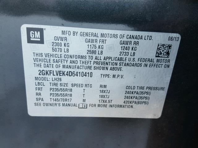 2GKFLVEK4D6410410 - 2013 GMC TERRAIN SL GRAY photo 10