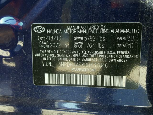 5NPDH4AE8DH437846 - 2013 HYUNDAI ELANTRA GL BLUE photo 10