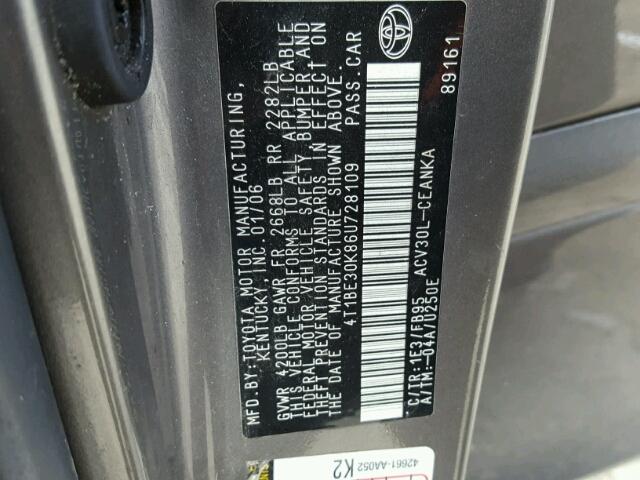 4T1BE30K86U728109 - 2006 TOYOTA CAMRY LE GRAY photo 10