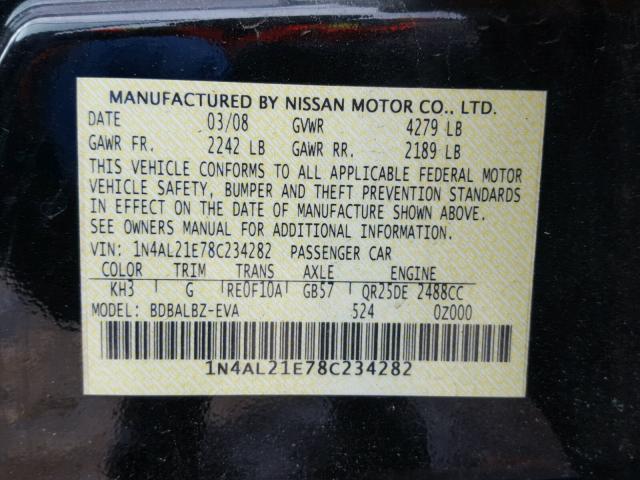 1N4AL21E78C234282 - 2008 NISSAN ALTIMA 2.5 BLACK photo 10