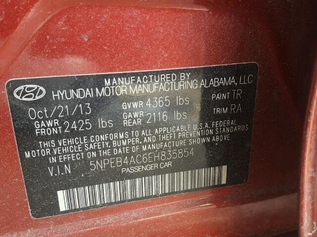 5NPEB4AC6EH835854 - 2014 HYUNDAI SONATA GLS MAROON photo 10