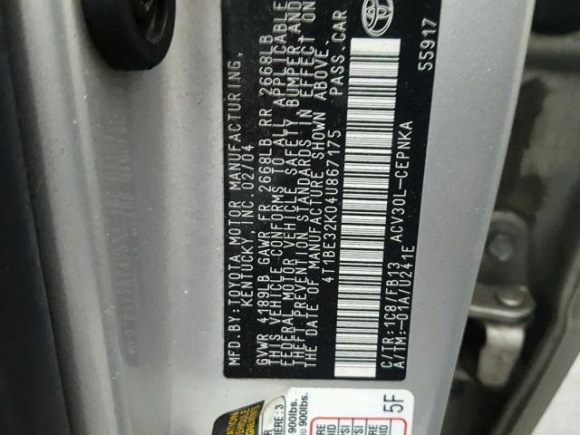 4T1BE32K04U867175 - 2004 TOYOTA CAMRY LE SILVER photo 10