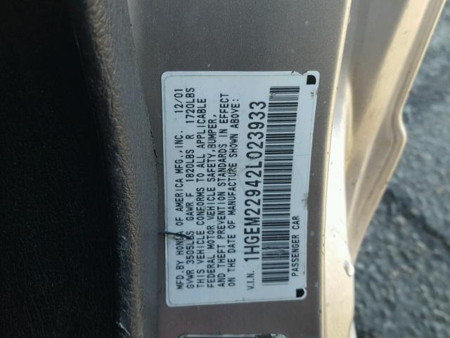 1HGEM22942L023933 - 2002 HONDA CIVIC EX TAN photo 10