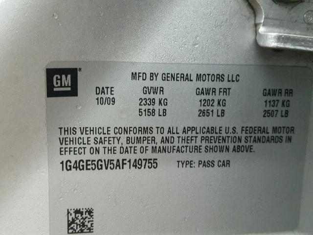 1G4GE5GV5AF149755 - 2010 BUICK LACROSSE C SILVER photo 10