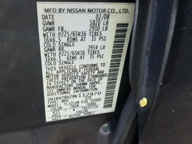 5N1BV28U28N112970 - 2008 NISSAN QUEST S GRAY photo 10