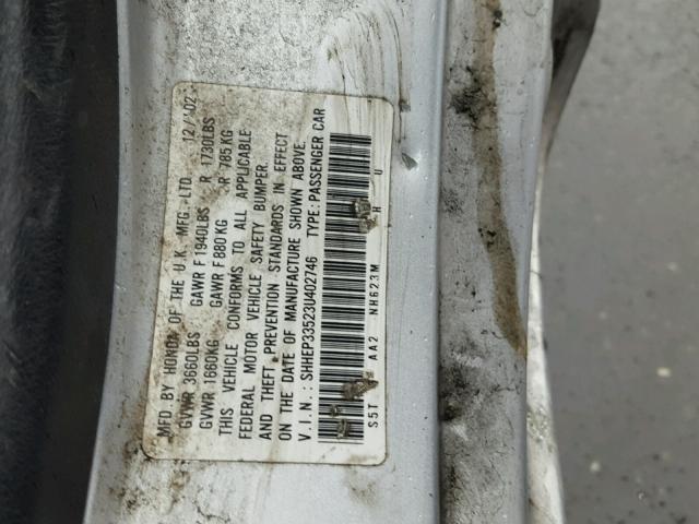 SHHEP33523U402746 - 2003 HONDA CIVIC SI SILVER photo 10