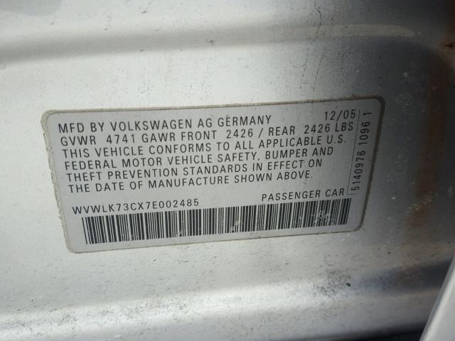 WVWLK73CX7E002485 - 2007 VOLKSWAGEN PASSAT 2.0 SILVER photo 10