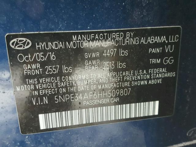 5NPE34AF6HH509807 - 2017 HYUNDAI SONATA SPO BLUE photo 10