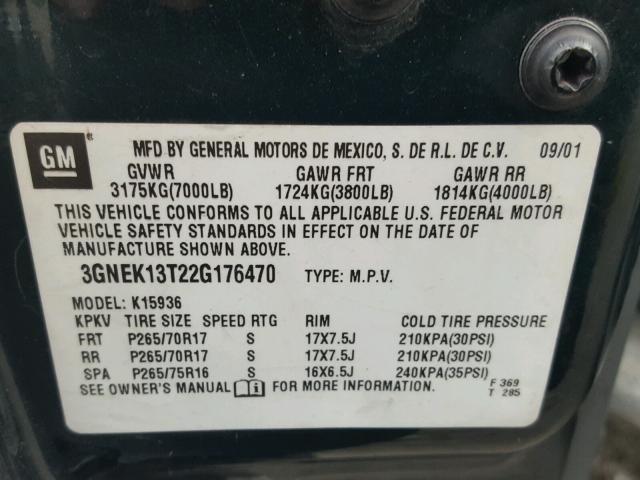 3GNEK13T22G176470 - 2002 CHEVROLET AVALANCHE GREEN photo 10