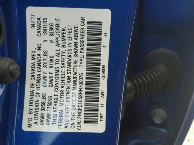 2HGFC1E58HH700076 - 2017 HONDA CIVIC SI BLUE photo 10