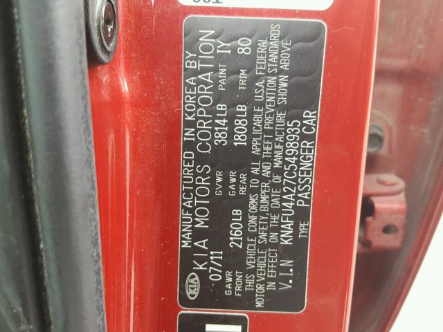 KNAFU4A27C5498935 - 2012 KIA FORTE EX RED photo 10