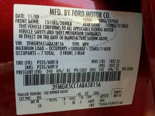 2FMGK5CC1ABA58156 - 2010 FORD FLEX SEL RED photo 10