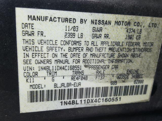 1N4BL11DX4C160551 - 2004 NISSAN ALTIMA SE GRAY photo 10