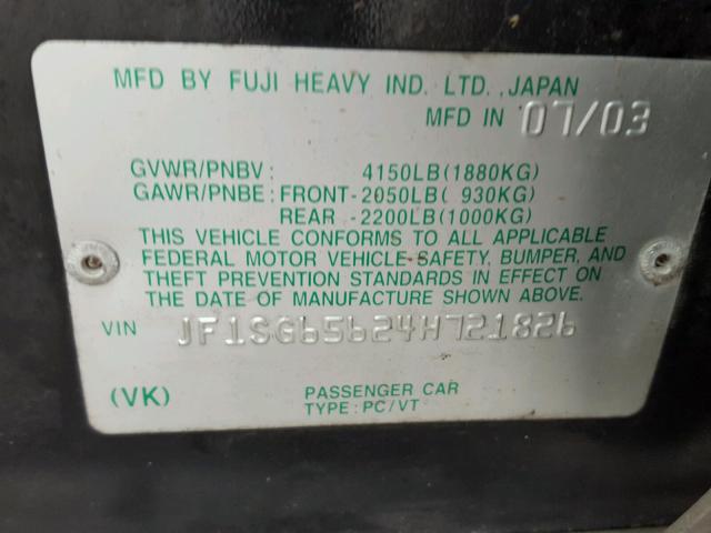 JF1SG65624H721826 - 2004 SUBARU FORESTER 2 BLACK photo 10