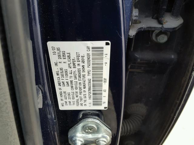 1HGCP26788A033442 - 2008 HONDA ACCORD EX BLUE photo 10