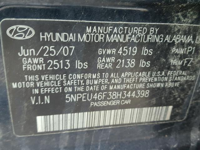 5NPEU46F38H344398 - 2008 HYUNDAI SONATA SE BLUE photo 10