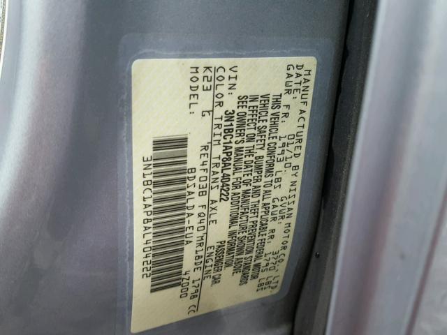 3N1BC1AP8AL404222 - 2010 NISSAN VERSA S SILVER photo 10