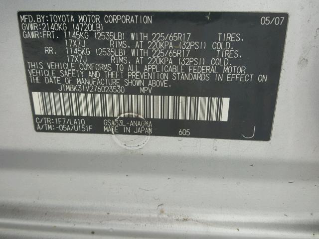 JTMBK31V276023530 - 2007 TOYOTA RAV4 LIMIT GRAY photo 10