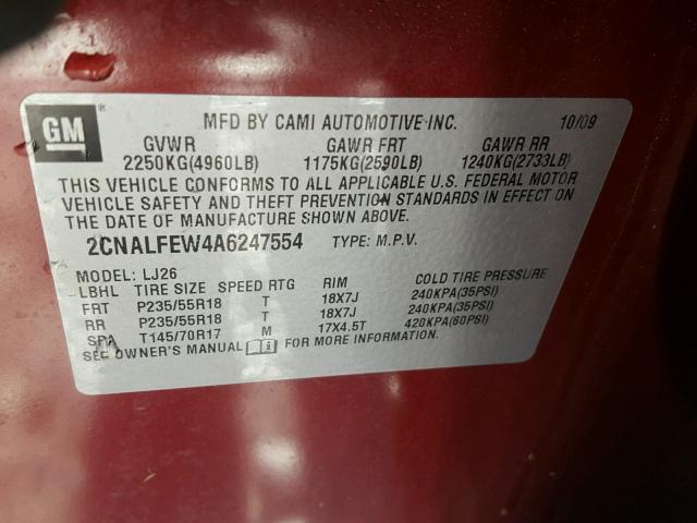 2CNALFEW4A6247554 - 2010 CHEVROLET EQUINOX LT RED photo 10