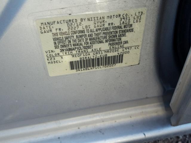 3N1AB6AP1CL702027 - 2012 NISSAN SENTRA 2.0 SILVER photo 10