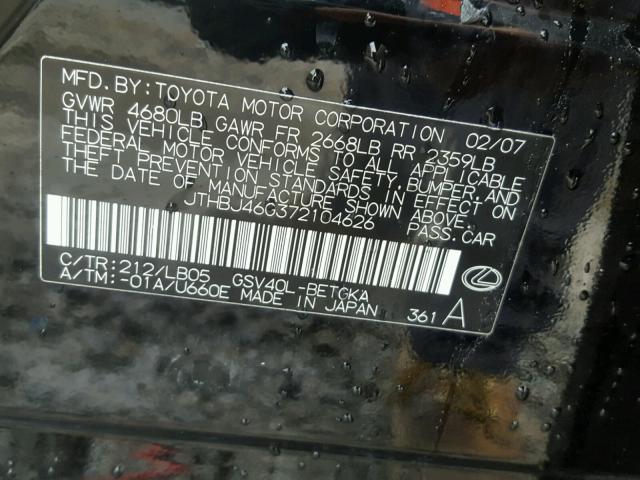 JTHBJ46G372104626 - 2007 LEXUS ES 350 BLACK photo 10