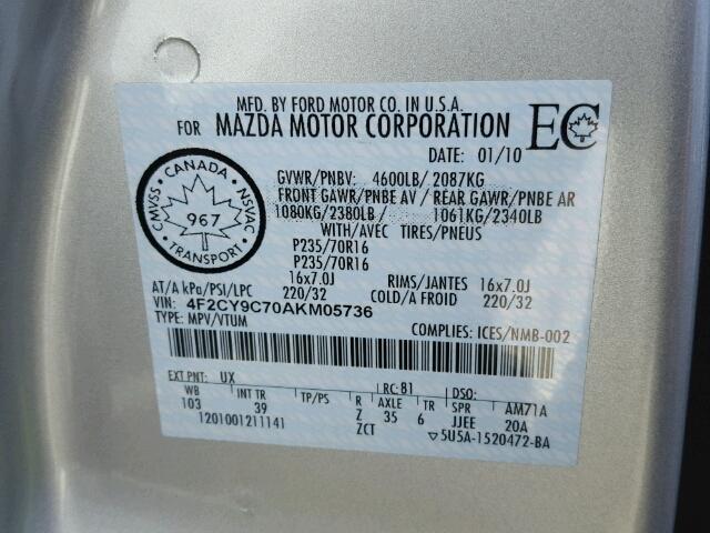 4F2CY9C70AKM05736 - 2010 MAZDA TRIBUTE I SILVER photo 10