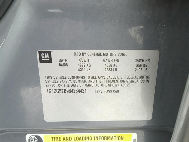 1G1ZG57B984264421 - 2008 CHEVROLET MALIBU LS GRAY photo 10