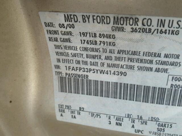 1FAFP33P5YW414390 - 2000 FORD FOCUS LX GOLD photo 10