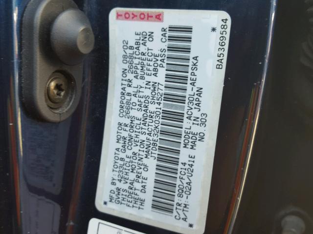 JTDBE32K030145277 - 2003 TOYOTA CAMRY LE ლურჯი ფოტო 10