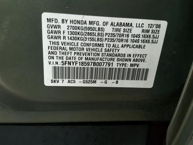 5FNYF18597B007791 - 2007 HONDA PILOT EXL GREEN photo 10