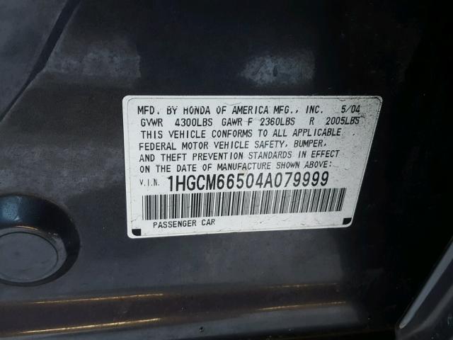 1HGCM66504A079999 - 2004 HONDA ACCORD EX GRAY photo 10