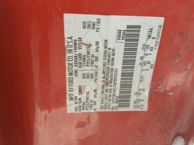 1FTYR10C7XPB95251 - 1999 FORD RANGER RED photo 10