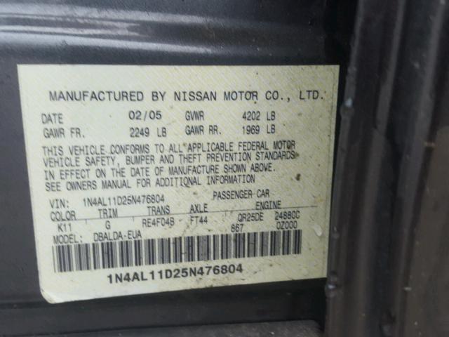 1N4AL11D25N476804 - 2005 NISSAN ALTIMA S GRAY photo 10