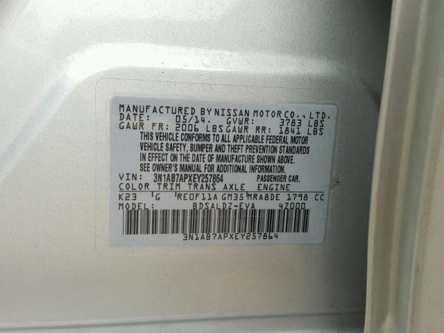 3N1AB7APXEY257864 - 2014 NISSAN SENTRA S SILVER photo 10