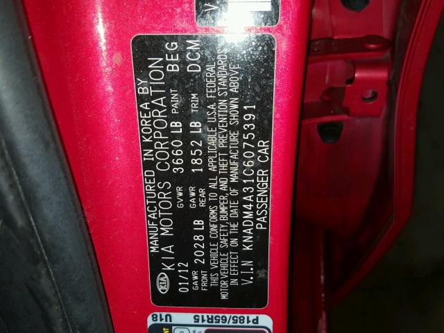 KNADM4A31C6075391 - 2012 KIA RIO LX RED photo 10