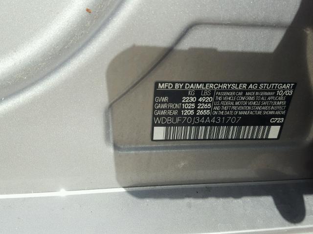 WDBUF70J34A431707 - 2004 MERCEDES-BENZ E 500 SILVER photo 10