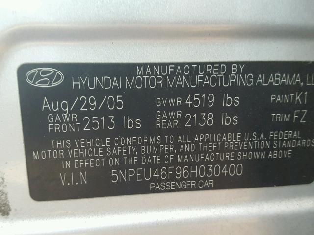 5NPEU46F96H030400 - 2006 HYUNDAI SONATA GLS SILVER photo 10