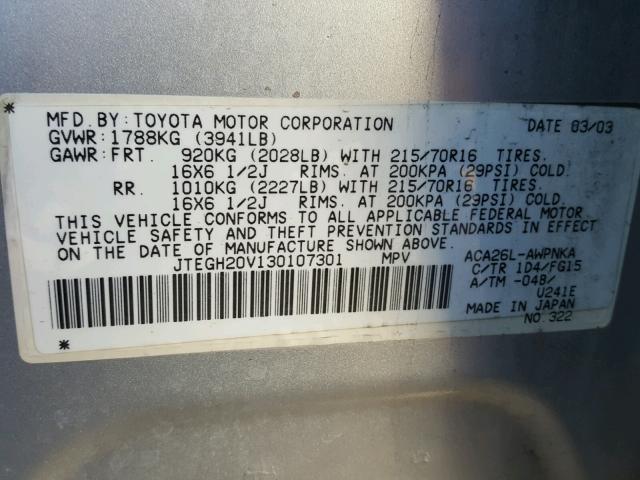 JTEGH20V130107301 - 2003 TOYOTA RAV4 SILVER photo 10