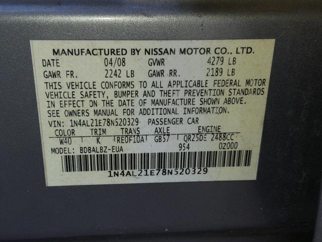 1N4AL21E78N520329 - 2008 NISSAN ALTIMA 2.5 GRAY photo 10