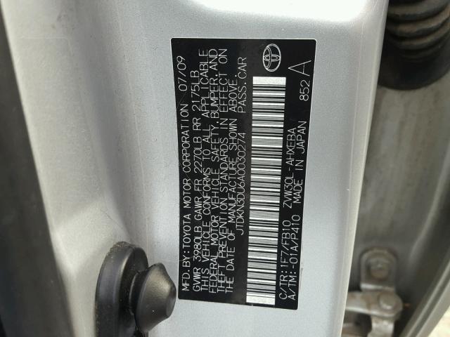 JTDKN3DU6A0030274 - 2010 TOYOTA PRIUS SILVER photo 10